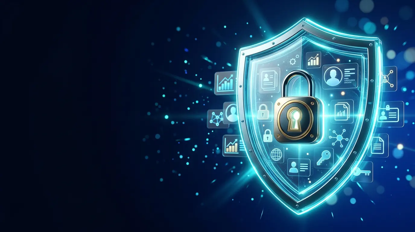 Glowing shield and padlock protecting personal data