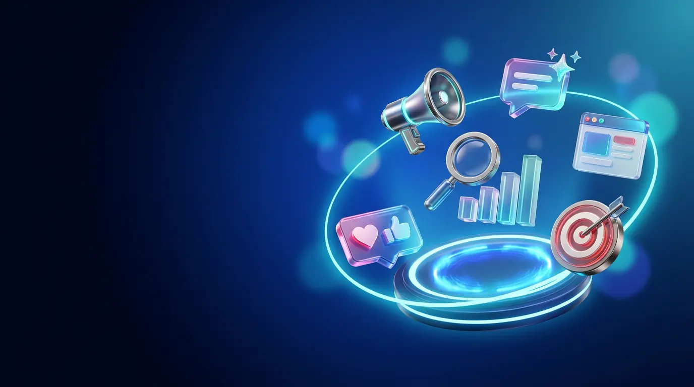 Floating 3D icons for social media, search, AI and advertising services