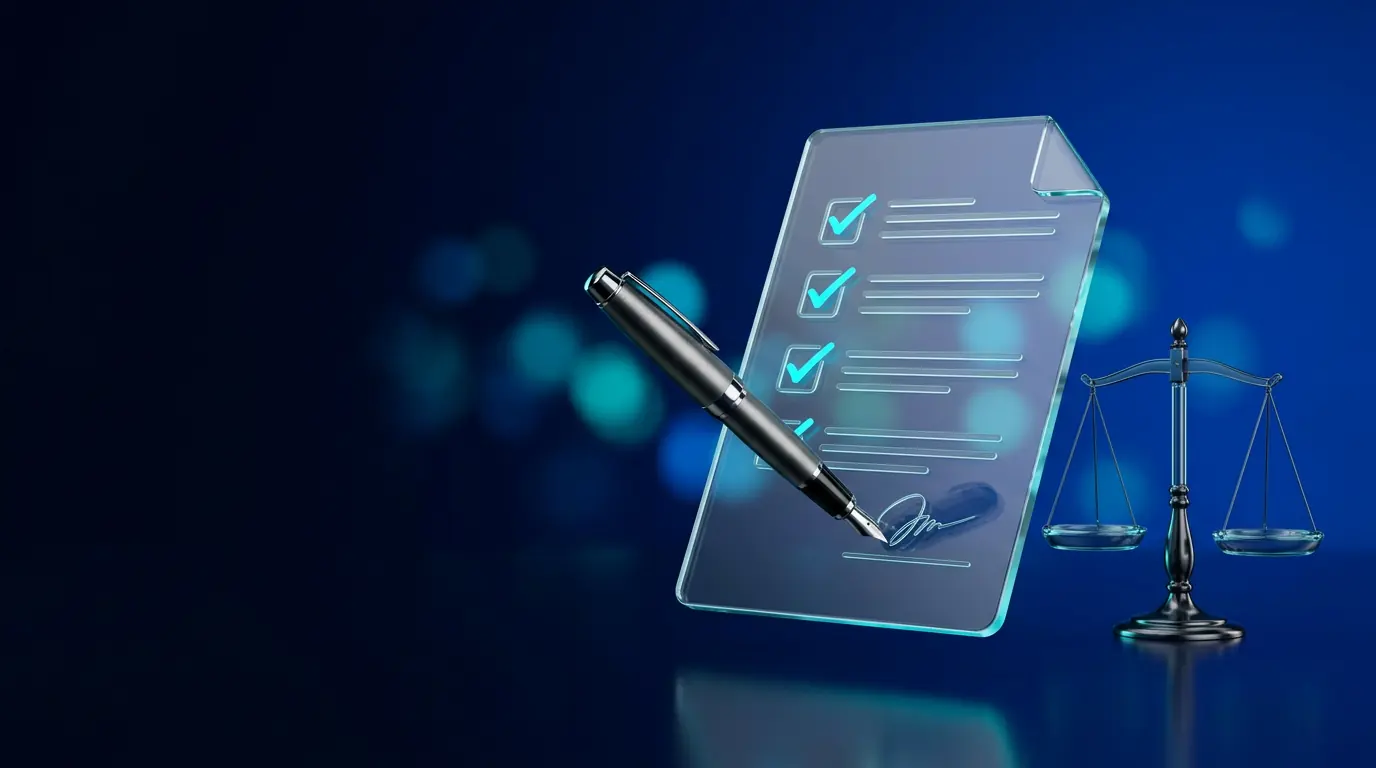 Agreement document with check marks, a pen and scales