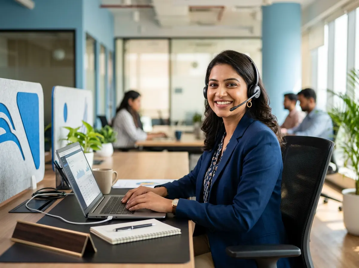 Web Globals support executive with a headset at her desk